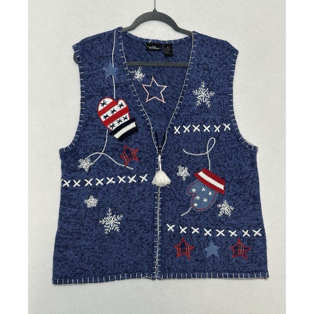 Vtg One Resource Patriotic Mittens Sweater Vest XL Grannycore Embroidered 90s